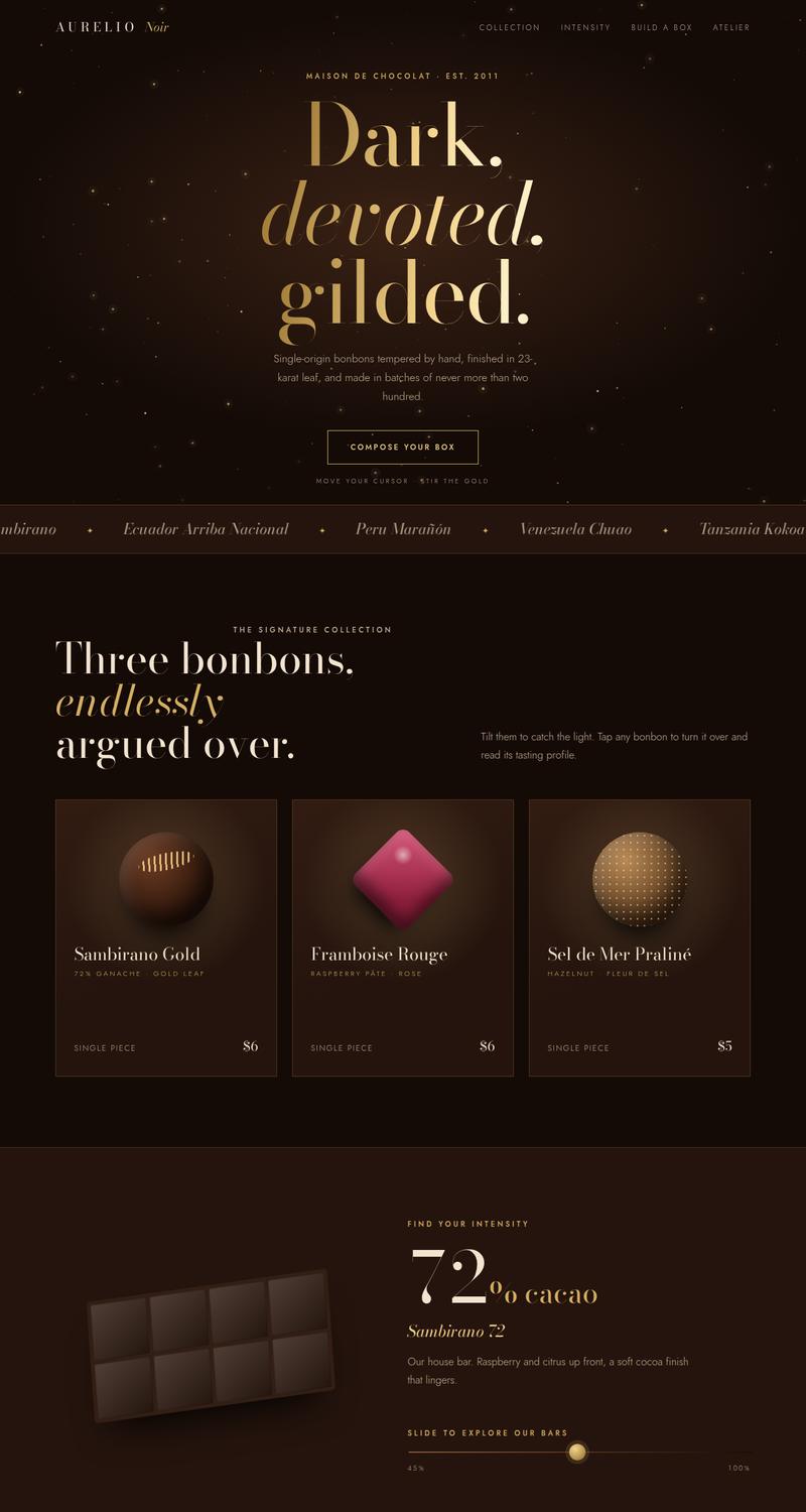 Aurelio Noir homepage: gold serif headline over dark chocolate tones, bonbon cards, and a cacao intensity slider.